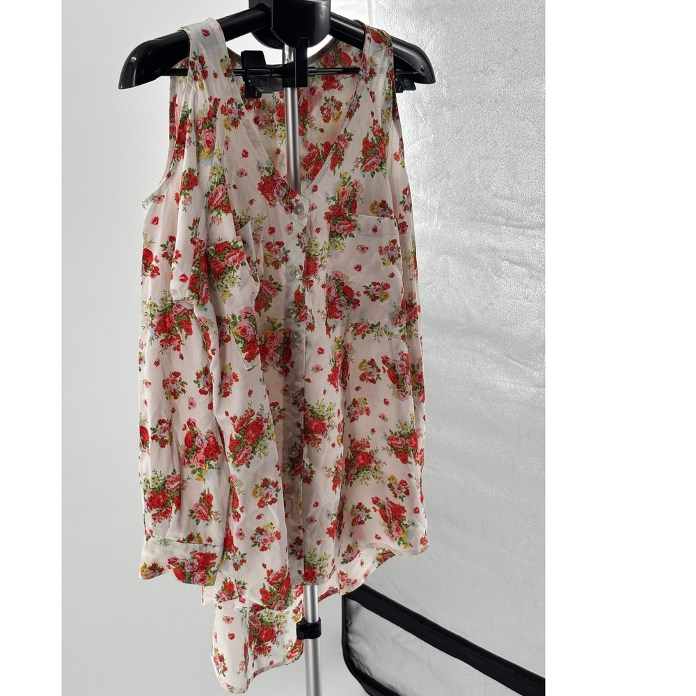 Lucy Love Floral Cold Shoulder Blouse Womens Large White Red Boho‎ Button Up Top - Picture 4 of 12